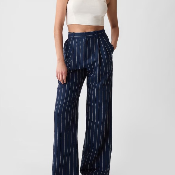 NWT Gap High Rise Linen-Cotton Trousers in Navy Pinstripe - Picture 1 of 9